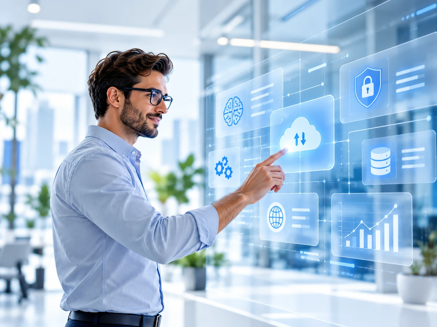 Profesional interactuando con un panel digital de IA, nube, seguridad y analítica