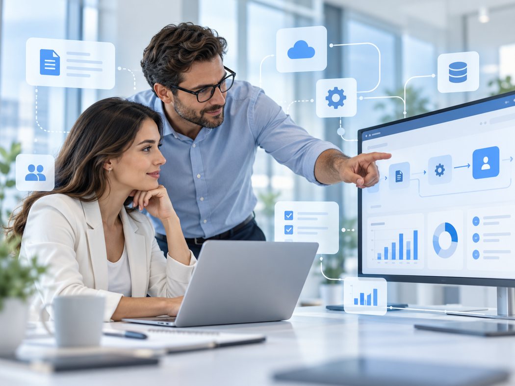 Equipo trabajando con inteligencia artificial, automatización y paneles de control